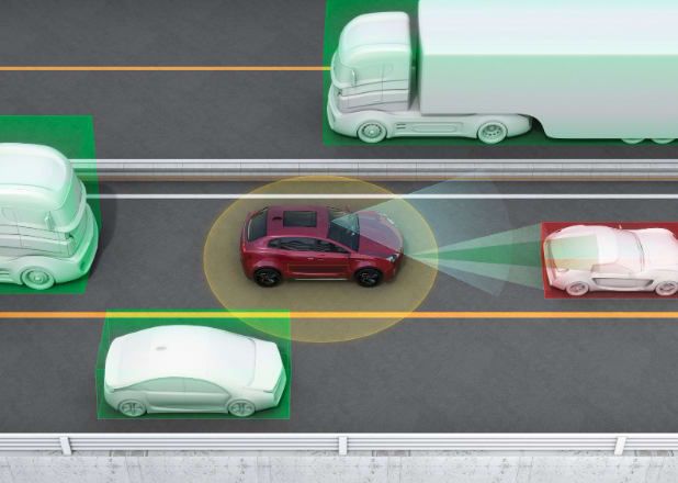 Illustration of a self-driving car detecting surrounding vehicles, including trucks and other cars.